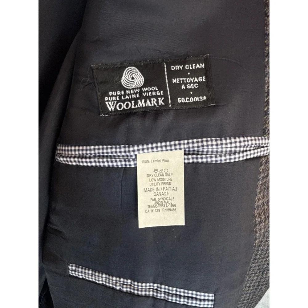 Vintage Blazer Sport Coat Jacket Izod Wool 48L Blue Gray Brown Plaid Houndstooth